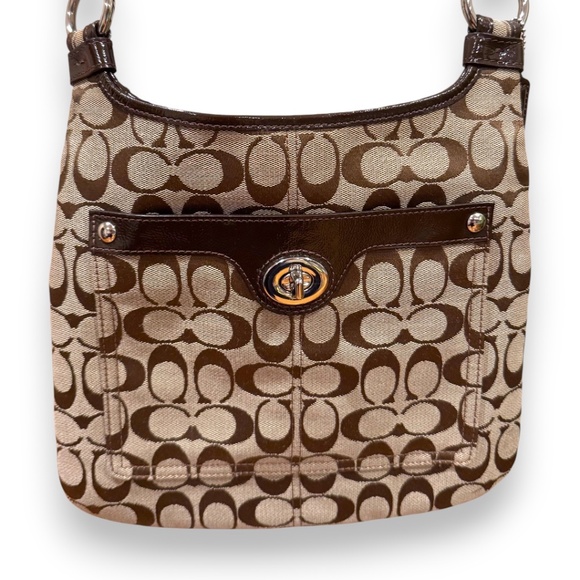Coach Signature Brown Crossbody Bag Classic “C” Canvas, Patent Leather Trim - Picture 2 of 4